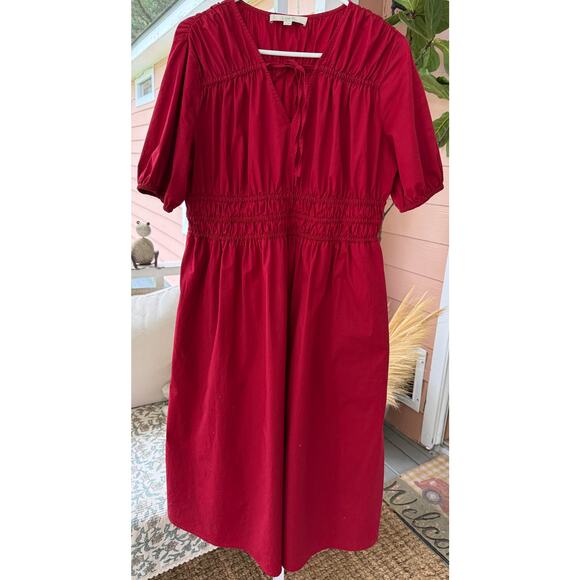 Loft Petite Shirred Tie Neck Midi Dress Rio Red Large - Picture 3 of 10